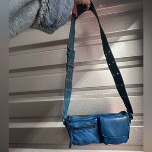Free People WADE Distressed Blue Leather Sling Buckle Belt Bag NWOT $148
